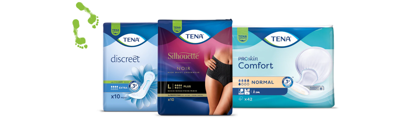 Produktpackungen von TENA Discreet, TENA Silhouette Noir und TENA Proskin Comfort Produktpackungen von TENA Discreet, TENA Silhouette Noir und TENA Proskin Comfort